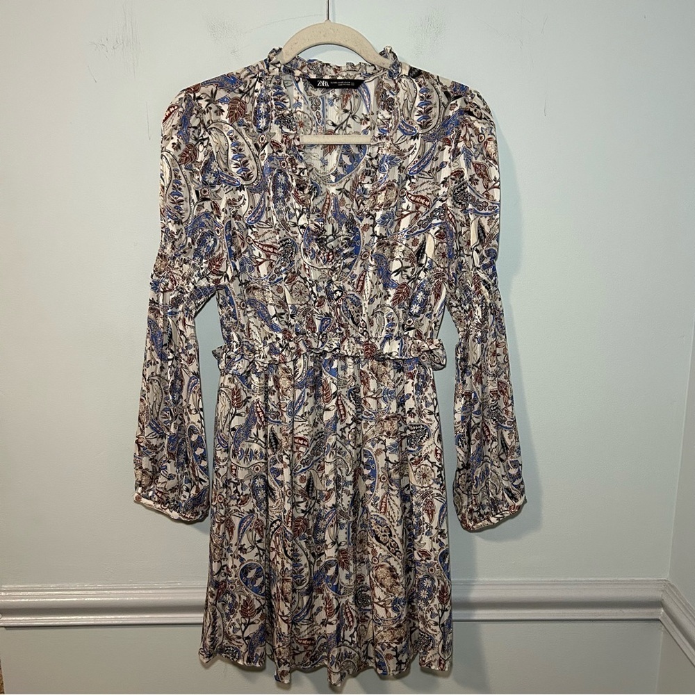 Zara Paisley Print V-Neck Long Sleeve Mini Dress Size XS